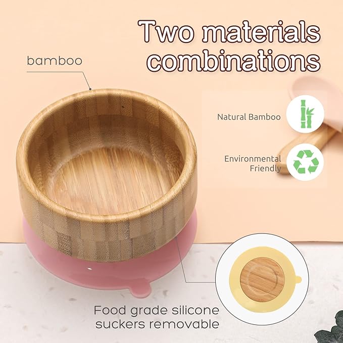 Baby Bamboo Bowls with Suction and Matching Spoon Set - 2PC Feeding Supplies Set for Infant, Toddlers - Detachable Silicone Suction Stay Put Base for Wooden Bowl - BPA Free （Mint）