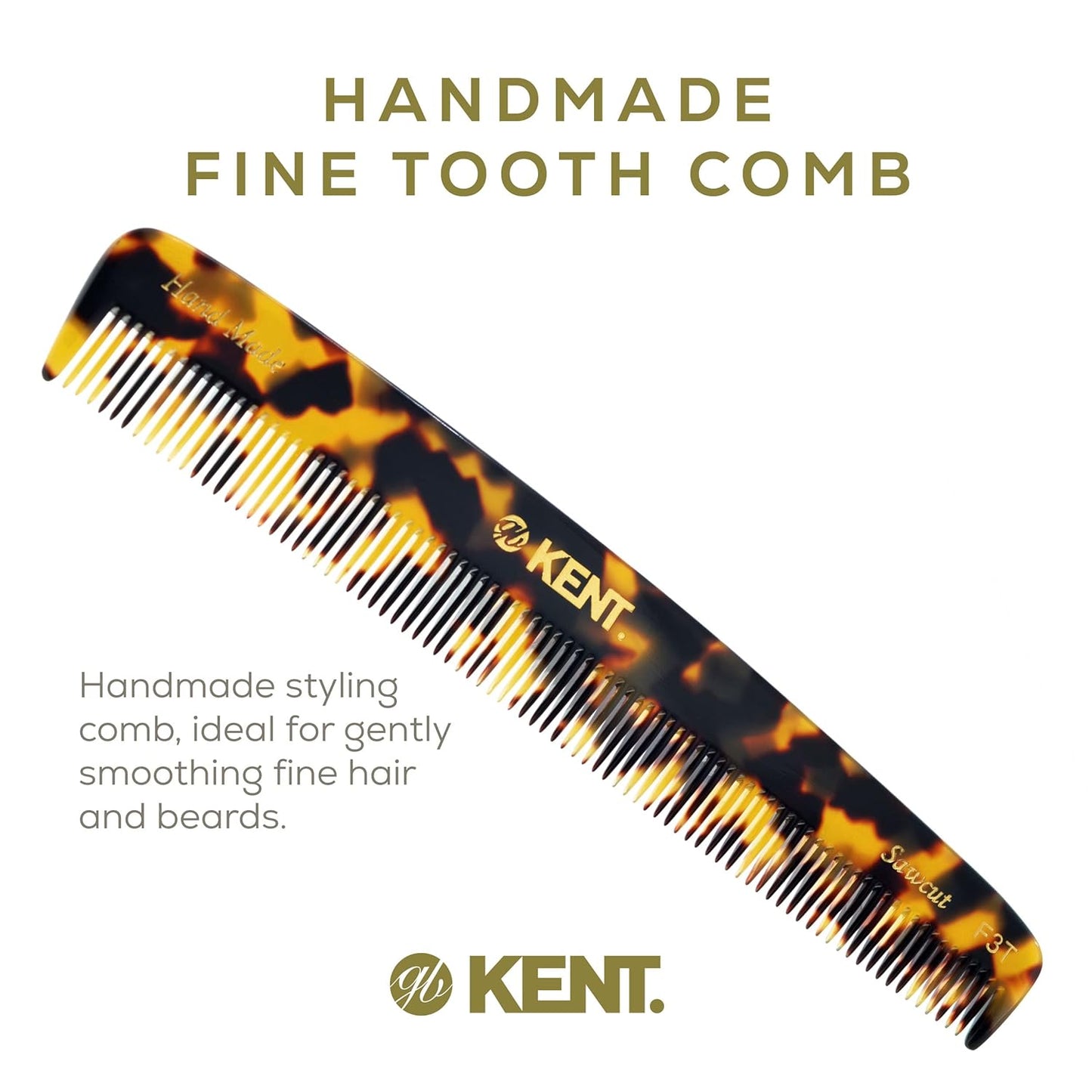 Kent F3TY Fine Tooth Comb - Hair Parting and Straightening Comb for Men's & Women's Dandruff Remover, Saw Cut and Hand Polished Made in England