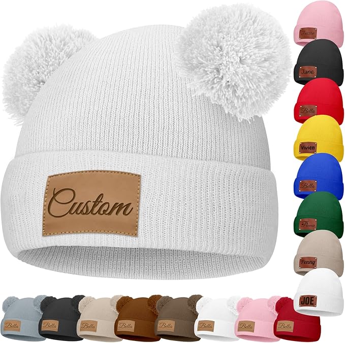Custom Baby Beanies Personalized Toddler Winter Hats Name Leather Patch Kids Knit Warm Hat for Infant Boys Girls Adult