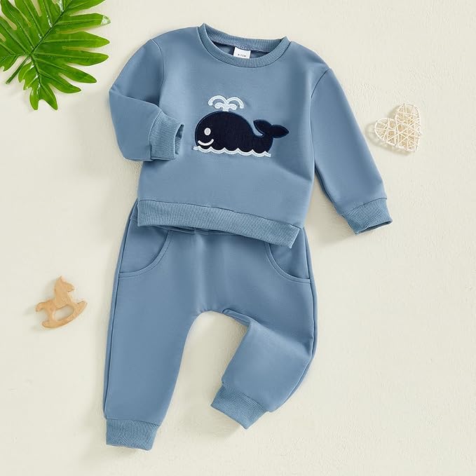 Nyapruwe Toddler Baby Boy Fall Outfit Funny Print Long Sleeve Sweatshirt Joggers Pants Set Kids Warm Winter Clothes