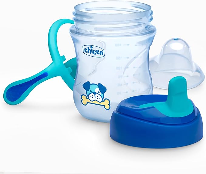 Chicco Semi-Soft Trainer with Bite-Resistant Spout and Spill-Free Lid 7oz.| Removable, Non-Slip Handles | Top-Rack Dishwasher Safe | Easy to Hold Ergonomic Indents | Blue| 6+ months