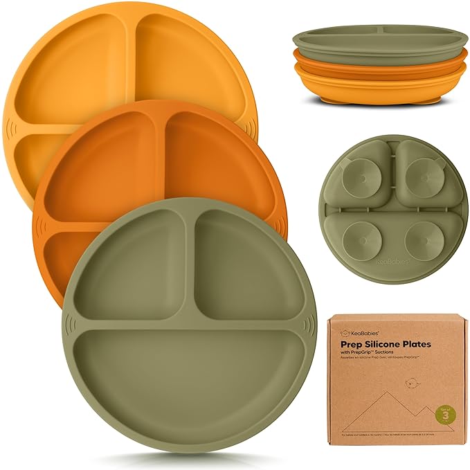 KeaBabies Suction Plates for Baby, Toddler - 3-Pack 100% Silicone Toddler Plates with Suction, Divided, BPA-Free Baby Led Weaning Essentials for Kids, Dishwasher, Microwave Safe, Durable (Harvest)
