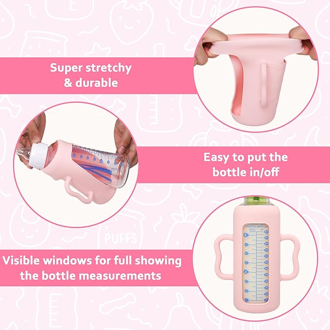 KingKam 4 Pack Silicone Sleeves for Dr. Brown's Glass Baby Bottles, Drop Protection Easy-Grip Baby Bottle Sleeves Holder with Handles, Compatible with Dr. Brown's Narrow Glass Bottles 8oz