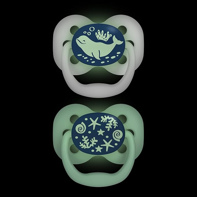 Dr. Brown's Advantage Glow-in-the-Dark Baby Pacifier, Fully Symmetrical Soother with Soft Silicone Bulb, Blue Ocean, 0-6m, BPA Free, 2 Pack