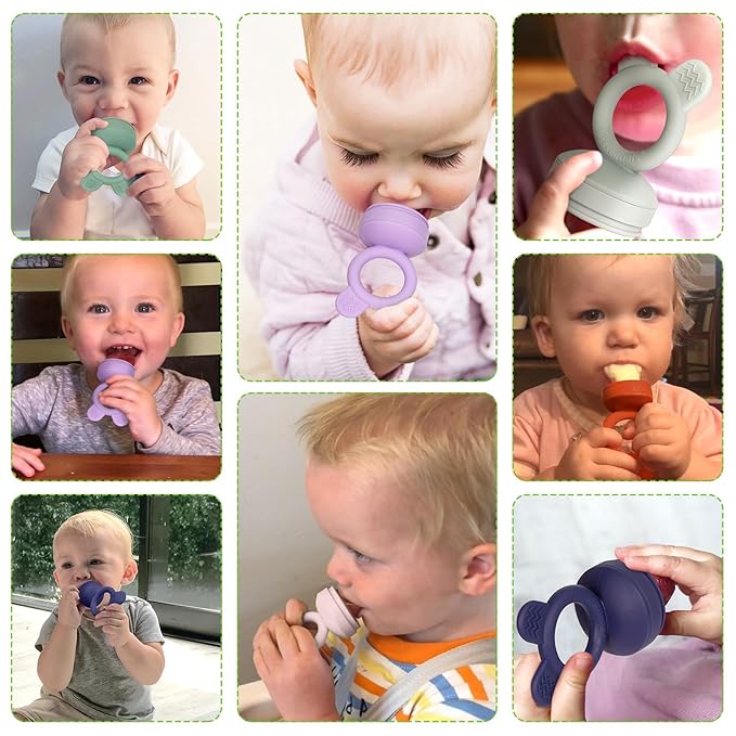 Bessentials Baby Fresh Fruit Food Feeder - 2 Pack Silicone Baby Mesh Feeders for Infant Safe Self Feeding |3 Sizes Food Pouches Included| Suitable for Baby 4m+（ Purple+Misty Green）