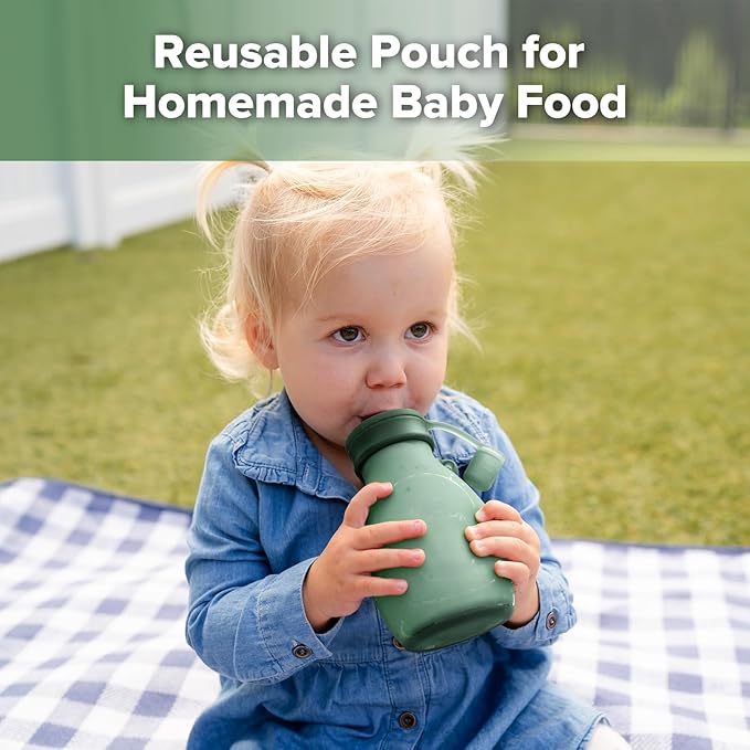 haakaa Silicone Hippo Pouch – Reusable Pouches for Toddlers, Reusable Baby Food Pouches with Wide Neck for Easy Fill & Clean, Perfect for Purees & Smoothies, 9oz, 4 Pack, (Pea Green)