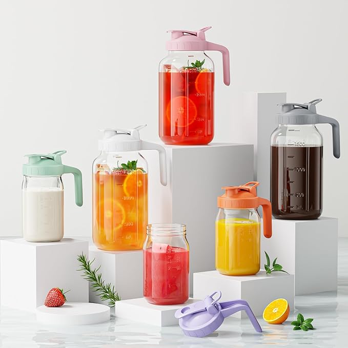 Glass Mason Jar Pitcher, 64 oz Wide Mouth Jug with Pour Spout Handle Lid for Cold Brew Coffee, Ice Beverage, Iced Juice, Lemonade, Sun Tea, Fruit Drinks Container（Pink）