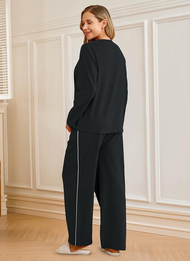 OUGES 100% Cotton Women's Maternity Nursing Pajamas Sets Button Down Breastfeeding Loungewear Top & Pants with Pockets