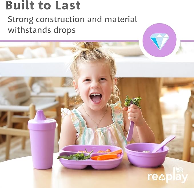 Re-Play Toddler Plates with Dividers - Deep-Walled 3 Compartments Divided Plates for Kids with 3 Lids - Dishwasher & Microwave Safe - Made in USA - Set of 3-7.37" x 7.37" x 1.25" - Beach Baby