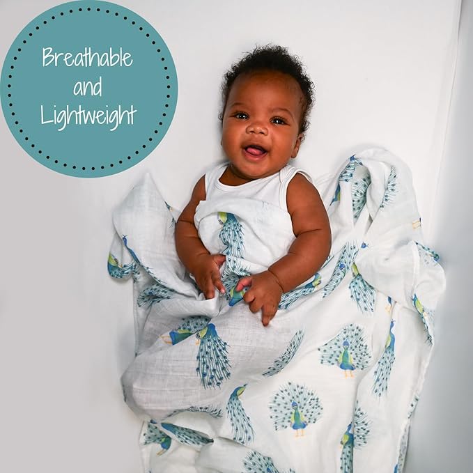 LollyBanks Baby Muslin Swaddle Blanket, Soft Baby Girl 47 x 47 Inches, Newborn Blanket for Girls, Registry (Peacock Print, Animal)