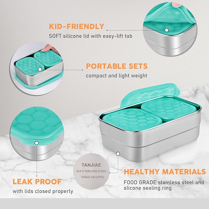 Small Stainless Steel Lunch Containers for Kids | Leak Proof Food Containers with Silicone Lids - Perfect Metal Food Containers with Lids for Kids School and Toddler Daycare (25oz+8oz*2)
