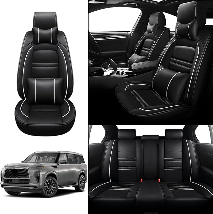 Car Seat Covers for Infiniti qx80 2014-2025 | 5-Seats Seat Covers, Waterproof Seat Protectors, Automotive Seat Covers (Full Set with Pillow,Black&White Line)