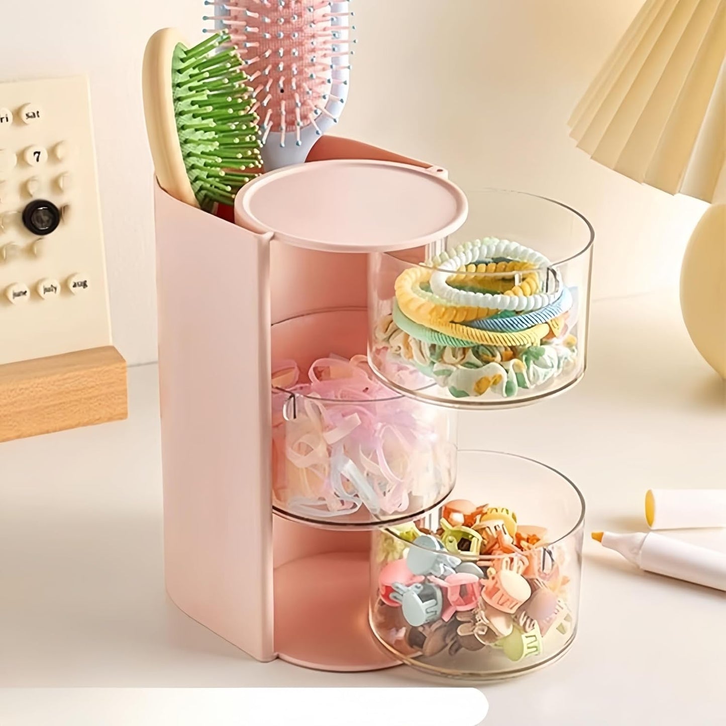 Hair Accessories Organizer with Hair Brush Holder, Rotatable Makeup Brush Holder for Necklaces, Earring, Bracelet, Ring, Makeup Brushes, Hair Clip and Hair Accessories (Pink, 3-Layer)