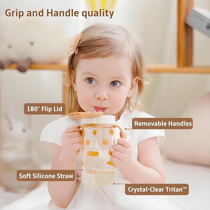 Evorie Tritan Spill Proof Toddler Straw Sippy Cup, 10 oz for Baby and Toddlers 1-3 Years Old, No Spill Straw Water Bottle with Removable Handles, Ideal for School, BPA-Free, Happy Valley