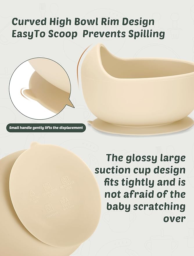 Silicone Baby Feeding Set 9 Pcs, Spill-Proof Suction Plate, Bowl, Bib, Silicone spoon&forks, Wooden Spoons&forks, Training cup with straw and Sippy Cup, Baby Eating Utensils (Beige)