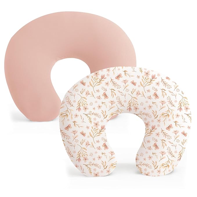 Konssy 2 Pack Nursing Pillow Covers, Stretchy and Soft Nursing Cover for Breastfeeding, Pillow Slipcover for Baby Girls Boys Newborn (Pink Spring, Pink)