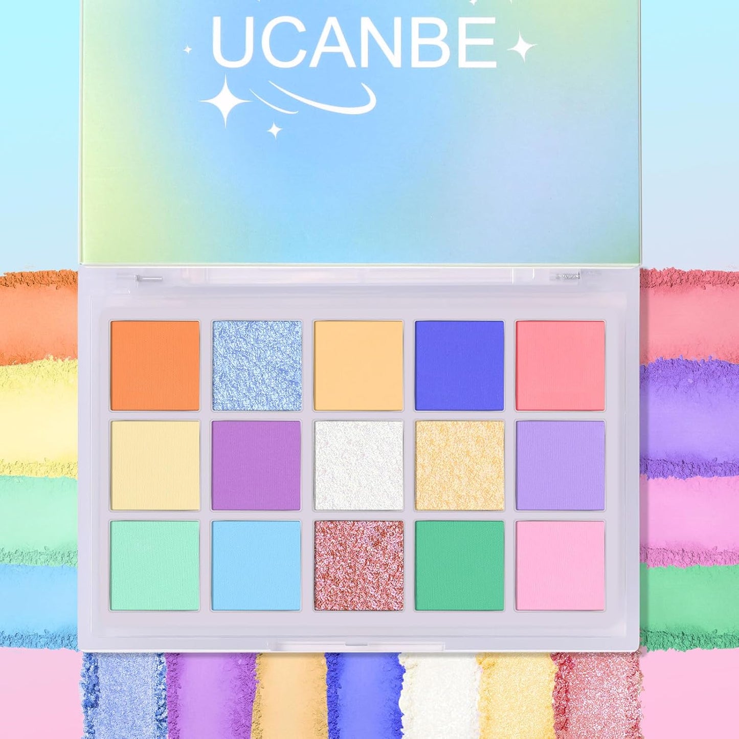 UCANBE Colorful Eyeshadow Palette – 15 Colors Vibrant Matte, Dazzling Shimmer & Glitter Duochrome Finishes – Highly Pigmented, Blendable, Long-Lasting Pastel Rainbow Eye Makeup Pallet - Seaform Dreams