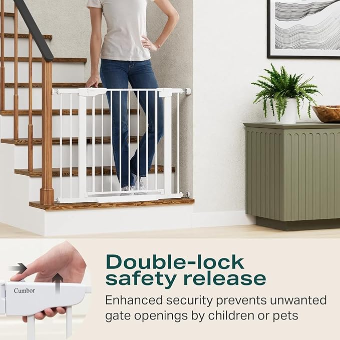 Cumbor 2 Pack 29.7-40.6"(Extensions Included) Baby Gate for Stairs, Mom's Choice Awards Winner-Auto Close Dog Gate for doorways, Pressure Mounted Pet Gate Indoor, Wide Safety Child Gate for Dog,White