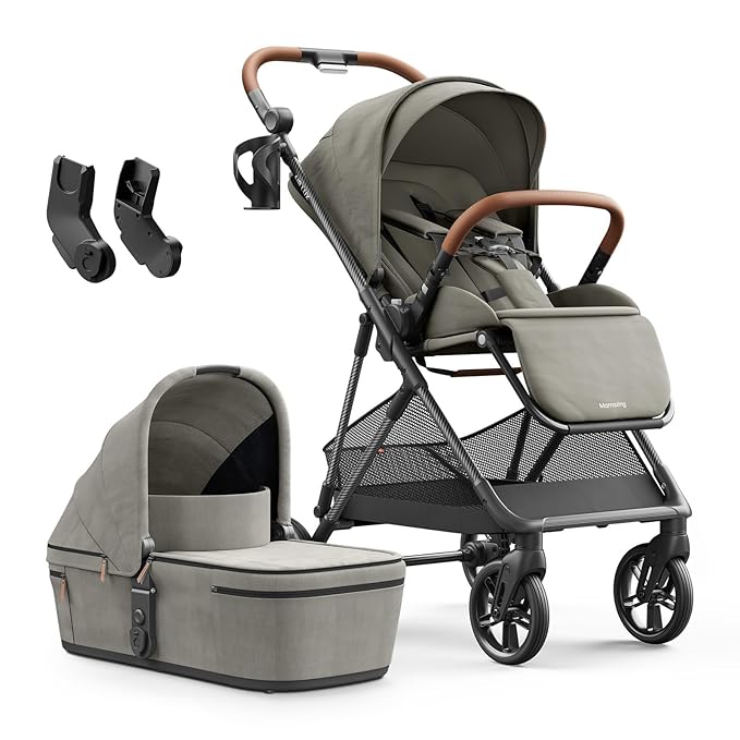 MAMAZING Air Lux Baby Stroller with Bassinet & Infant Car Seat Adapter, Lightweight Compact Carbon Fiber Frame, One-Hand Fold, Reversible Seat, Space-Saving Storage