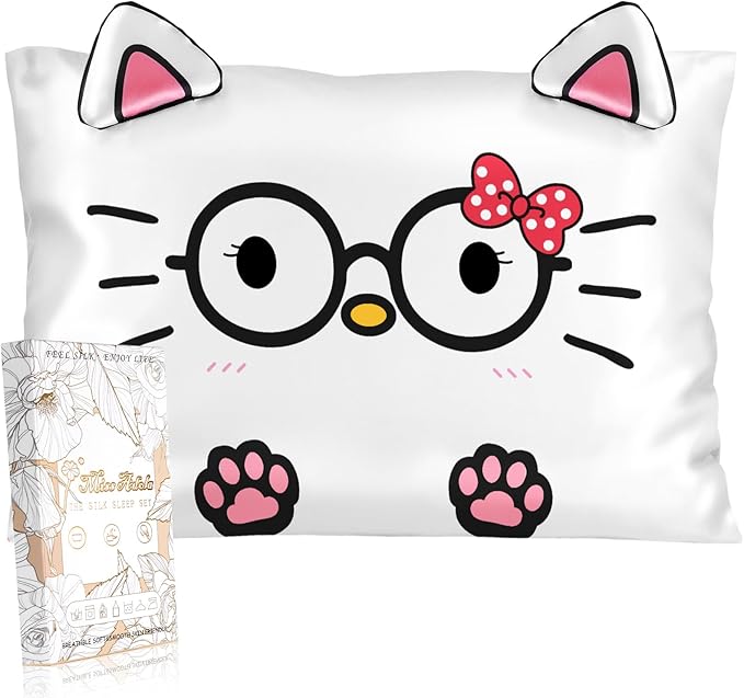 Kids Pillowcases Standard Size 20"x26" - Cute Cartoon Soft Breathable Silk Pillow Cases for Hair and Skin with Hidden Zipper for Women Fun Kawaii Design for Bedding, Glasses Cat