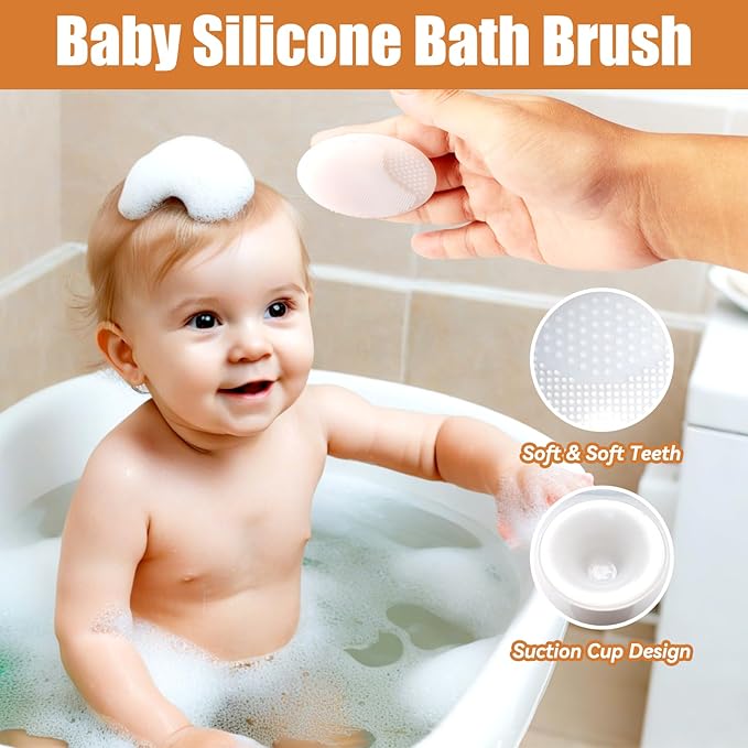 Wooden Baby Hair Brush and Comb Set, 2Pcs Natural Soft Goat Bristles Brush with Baby Shower Scrubber Perfect Scalp Grooming Product for Newborn, Toddler, Infant (White)