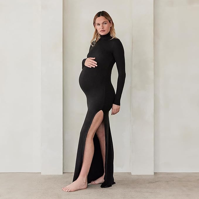 BUMPSUIT Maternity Maxi Dress Thigh High Slit, Women Long Sleeve Soft Stretchable Fabric Turtleneck Bodycon Pregnancy Dress