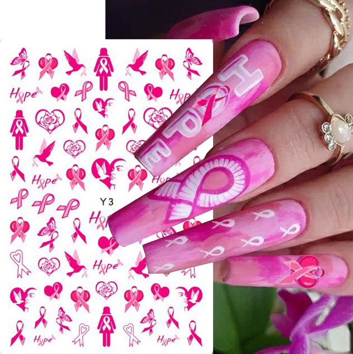 Breast Cancer Nail Stickers Pink Ribbon Nail Decals 3D Self-Adhesive Nail Art Stickers Heart Flower Letter Love Design Concern Female Awareness Manicure Supplies for Women 6 Sheets