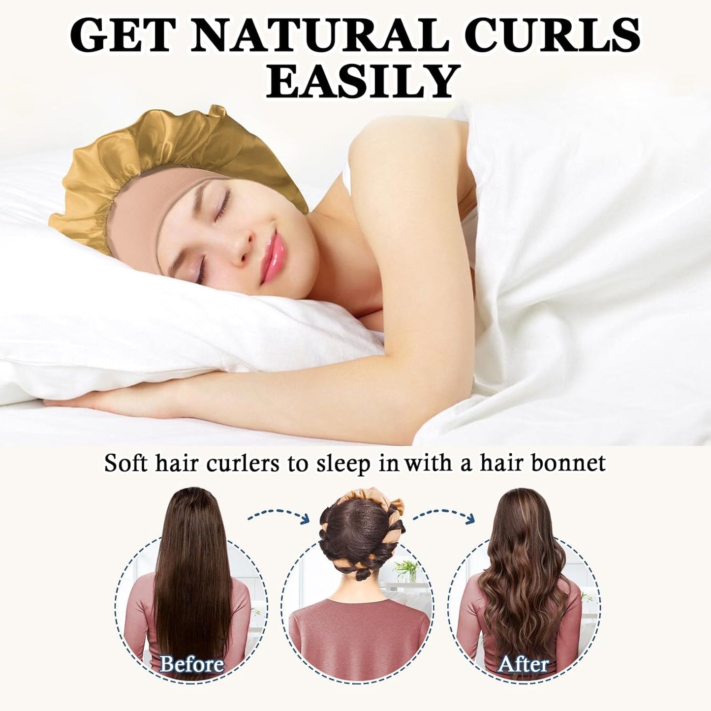 70" Soft Hair Curlers for Overnight Curls - No Heat Curl Wrap with 9 Rods for Long Hair, Khaki