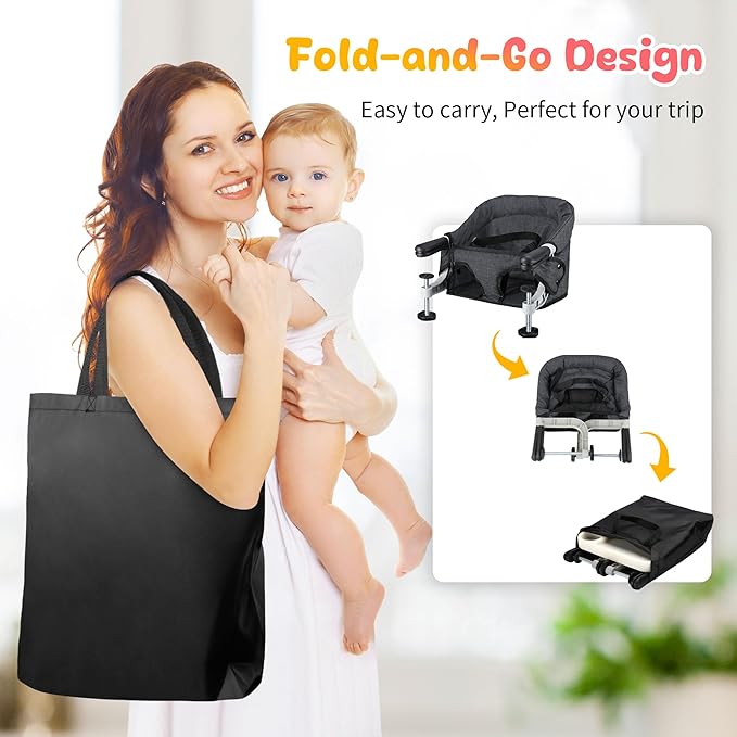 Toogel Hook On High Chair with Removable Dining Tray,Folding Portable Clip on Table High Chair,Baby Chair with Storage Bag for Indoor/Outdoor, Black