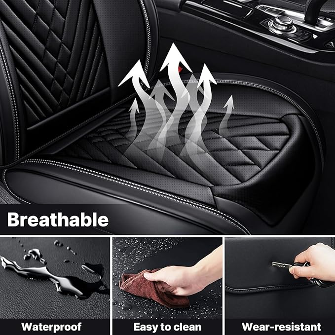Car Seat Cover Full Set, Waterproof Leather Seat Cover,Front Auto Seat Cover, Breathable Car Seat Cushion, Full Coverage Car Seat Protector Universal Fit Most Cars (2 Seat,Black)