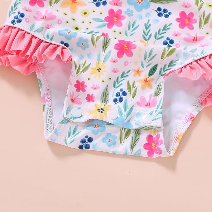 Infant Baby Girl Swimsuit One-Piece Long Sleeve Rash Guard with Hat Set Floral Zipper Bathing Suit Leopard Beach Wear