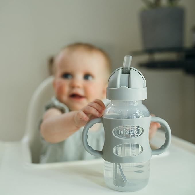 Dr. Brown's Milestones Wide-Neck Sippy Straw Bottle with 100% Silicone Handles and Weighted Straw, 9 oz/270 mL, Gray & Pink, 6m+, 2 Count (Pack of 6)