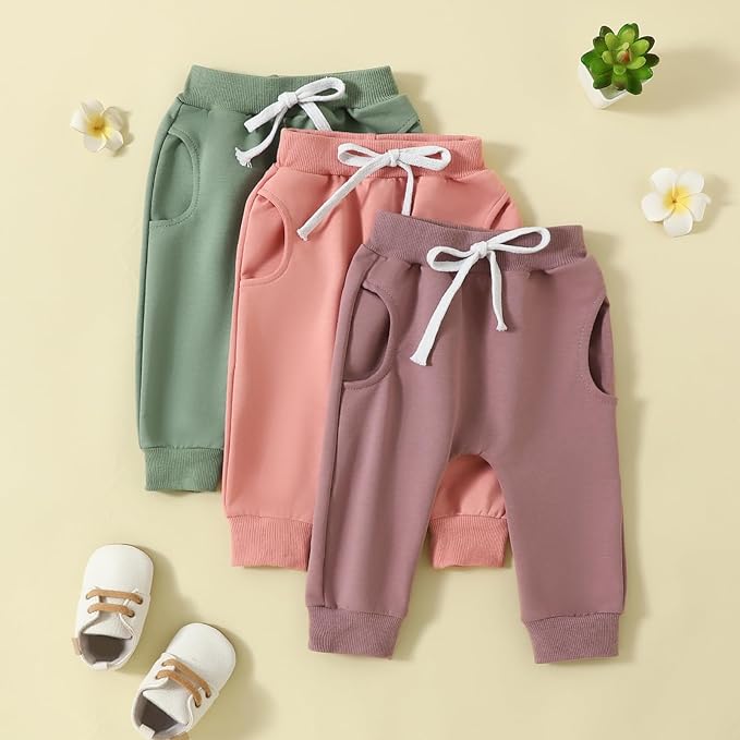 Sejardin Toddler Baby Boy Girl Pants 3 Pack Solid Color Elastic Waist Jogger Sweatpants Newborn Infant Casual Bottoms