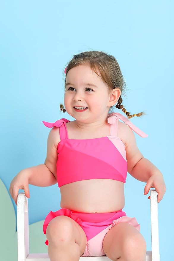 YOUNGER TREE Toddler Girls Two Pieces Swimsuit Color Block Stripe Swimwear Summer Beach Bathing Suit (Pink 12-18 Months)