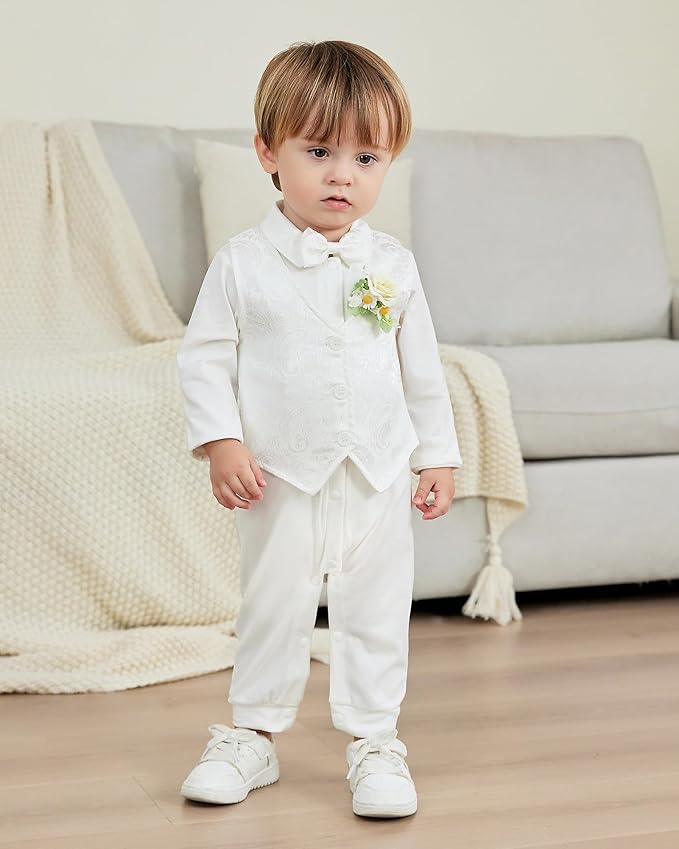 Baby Boy Clothes Gentleman Baby Suit Long Sleeve Romper+Vest+Bow Tie+Corsage 4Pcs Boys Formal Jumpsuit