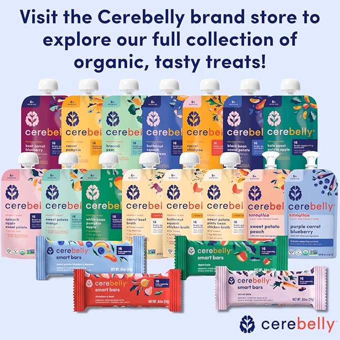 Cerebelly Organic Baby Food Pouches, Hearty Veggie Purees, 16 Nutrients, No Added Sugar, Non-GMO, Toddler Snacks, 4 Flavors, 4oz, 8 Pack
