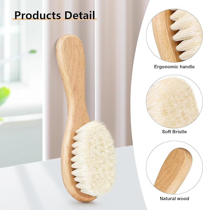 3PCS Baby Hair Brush with Wooden Handle and Comb Set for Newborns & Toddlers | Natural Soft Goat Bristles l Wood Comb l Pink Silicone Brush| Ideal for Cradle Cap