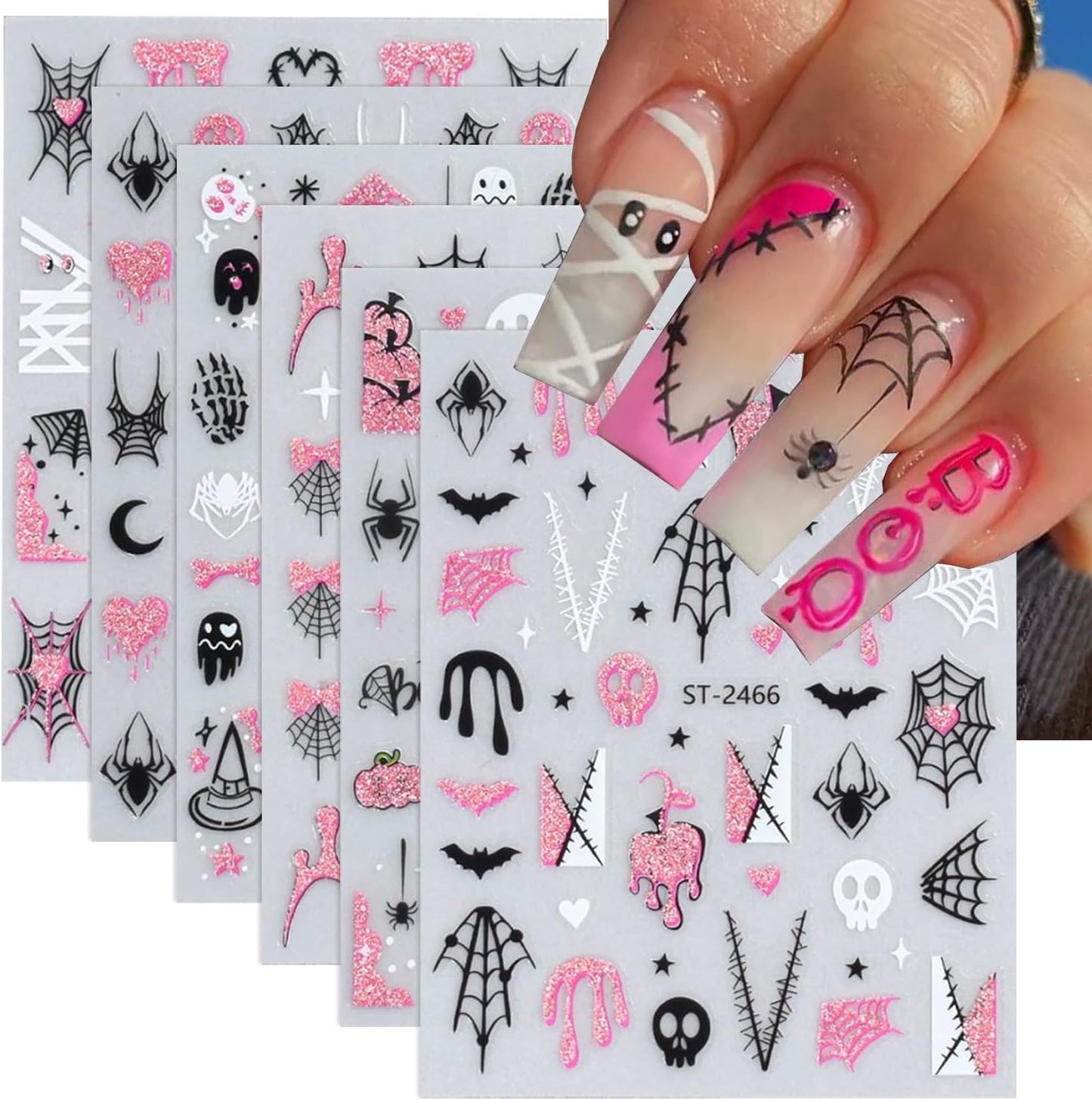 6 Sheets Halloween Nail Art Stickers Glitter Pink Nail Stickers Spider Web Nail Decals Pumpkin Line French Tips Heart Design Ghost Nail Sticker for Nail Art for Women DIY Holiday Manicure Supplies