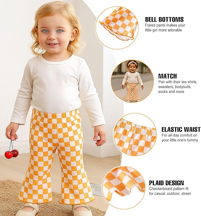 SOBOWO Checkered Baby Girl Flare Pants 3 Pack Toddler Bell Bottoms Plaid Ruffle Leggings Pants Fall Winter Outfits Size 6M-4T