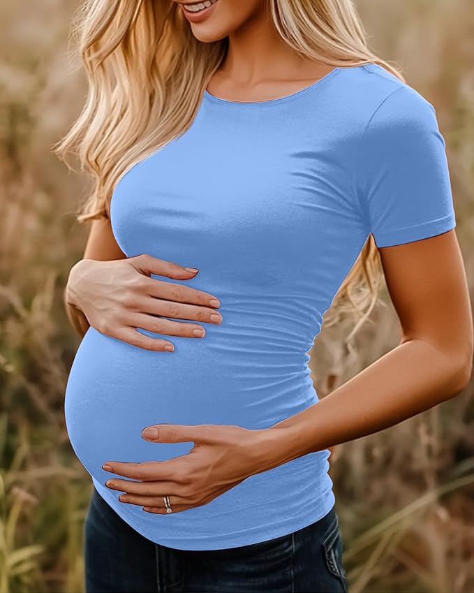 Huukeay 4 Pack Women's Maternity Shirts, Crew Neck Maternity Top Short Sleeve Casual Cotton Tee Side Ruched Pregnancy Clothes
