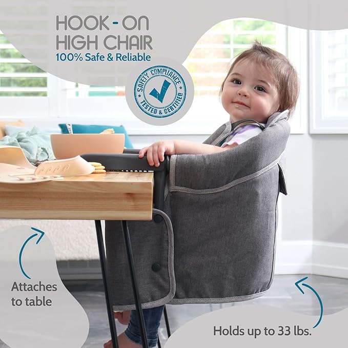 Tinybow Hook On High Chair for Baby, High Chair That Attaches to Table - Clip On High Chair to Table, Portable High Chair for Travel, Highchair for Baby Seat - Portable Baby Chair for Eating, Gray