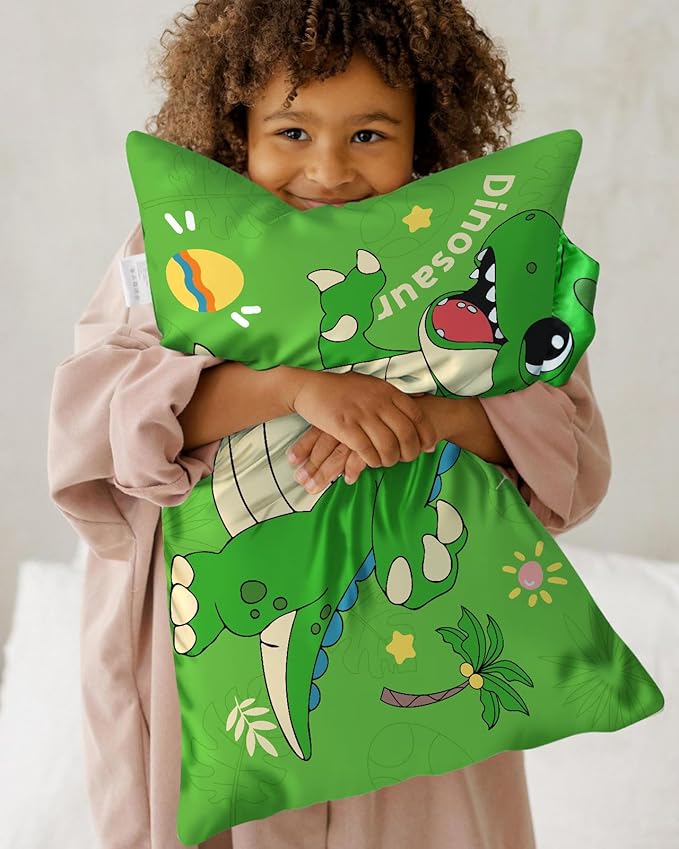 Toddler Pillowcases 13"x18" for Kids - Cute Cartoon Soft Breathable Silk Pillow Cases for Hair and Skin with Hidden Zipper for Girls Fun Kawaii Design for Bedding, Green Dnosaur