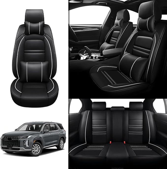 Car Seat Covers for Hyundai Car Palisade 2020-2025 | 5-Seats Seat Covers, Waterproof Seat Protectors, Automotive Seat Covers (Full Set with Pillow,Black&White Line)