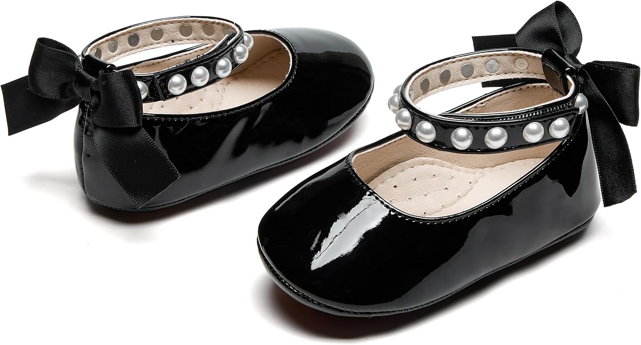 Baby Girls Mary Jane Flats - Infant Newborn Walking Shoes Soft Rubber Sole Princess Wedding