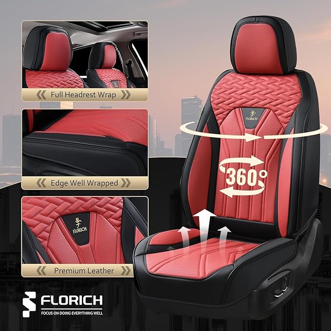 FLORICH Leather Seat Covers Automotive Seat Covers Car Seat Covers Full Set Car Seat Protectors 5 Seats Driver Seat Covers Fit for Most Cars Trucks SUV-Black&Burgundy