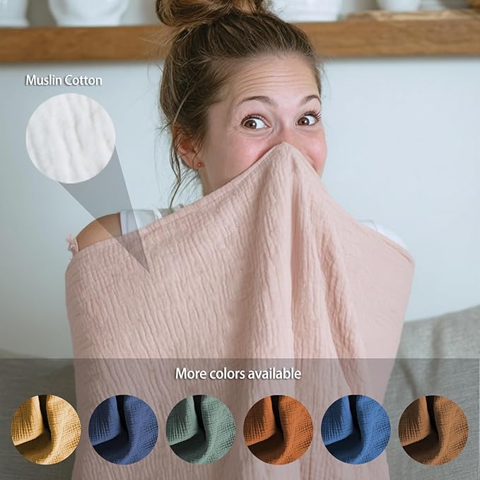 Muslin Nursing Covers for Breastfeeding, Arch Neckline Breast Feeding Covers for Women, Moms Privacy Breathable Summer Nursing Apron, 43.3" x 25.6" Soft Feeding Cover (Light Pink)