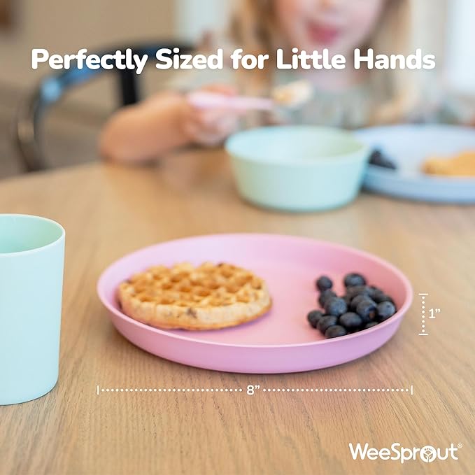 WeeSprout Bamboo Plates, Set of 4, Kid-Sized Dinnerware, Dishwasher Safe Melamine Dishware (Pastel Coral, Blue, Mint & Off White, Without Lids)