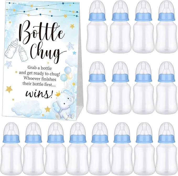 TrelaCo Bottle Chug Baby Shower Game 20 Pcs Baby Bottles Shower Favor with 1 Elephant Theme Sign for Gender Reveal Party Supplies Gifts(Blue)