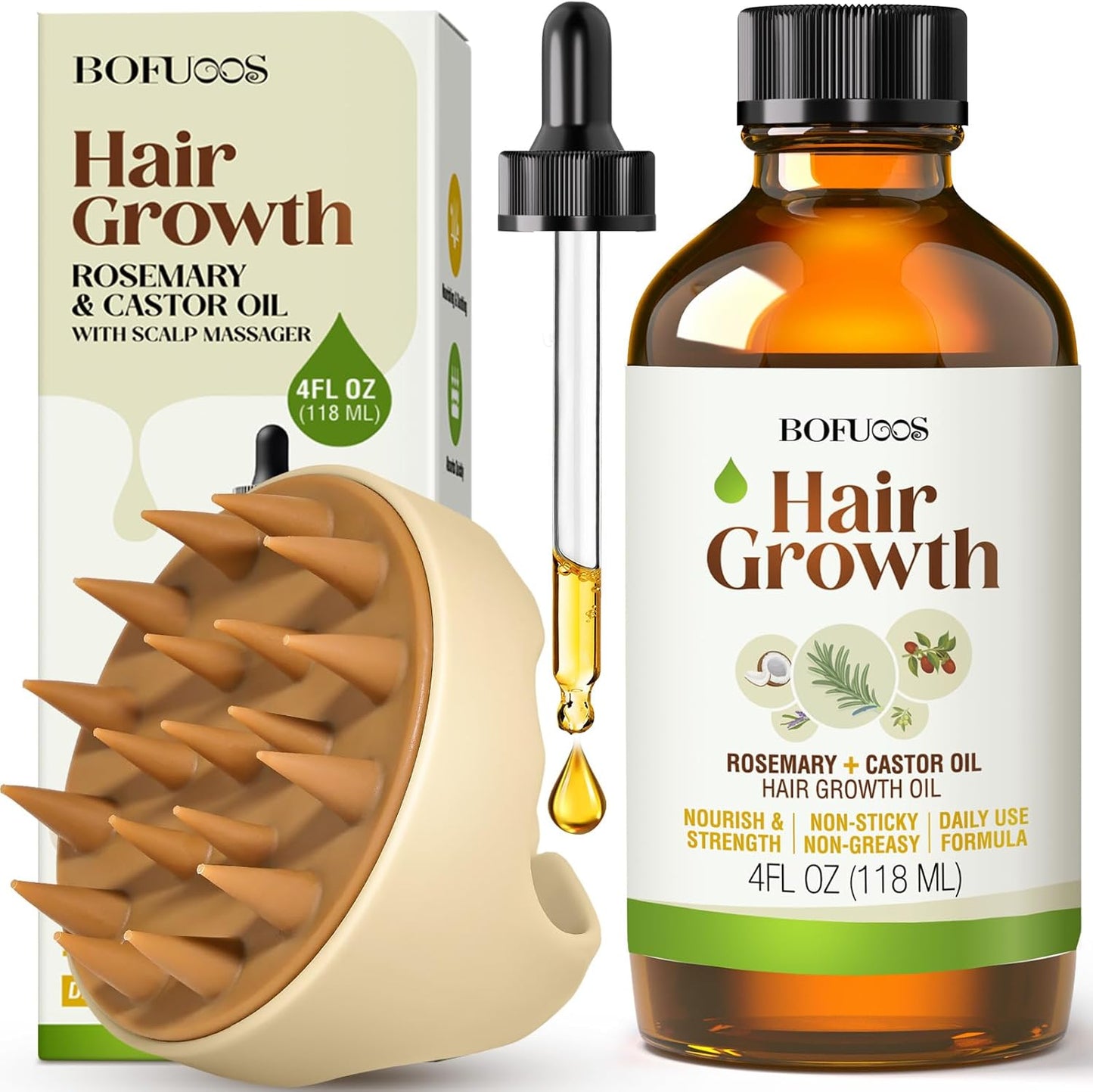 Organic Rosemary & Castor Hair Growth Oil + Scalp Massager Set – Premium Hair Strengthening Oil for Boosting Hair Health, Thickening, Soothing, Moisturizing and Natural Growth – 4.0 oz