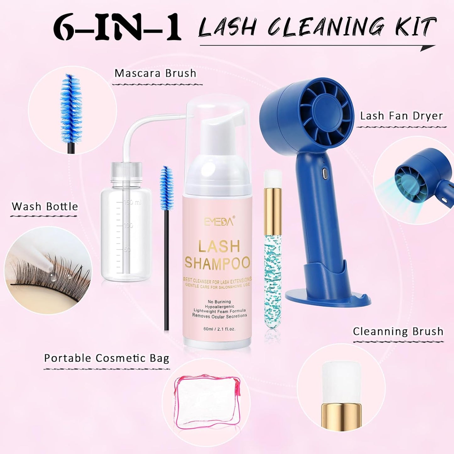 EMEDA Lash Shampoo Kit 2.02 fl oz Lash Cleaning Kit with Rechargeable Fan Dryer/Brush/Rinse Bottle, Oil-free Cleanser Wash for Extensions & Clusters & Natural Lashes, Cleaner for Eyelash Care(Blue)